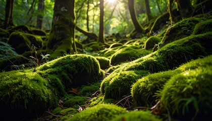 Moss Covered Rocks in Forest with Sunlight Filtering Through Trees