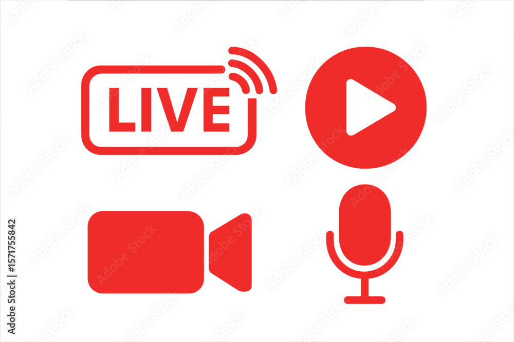 Poster red icons set for live streaming with play button vector