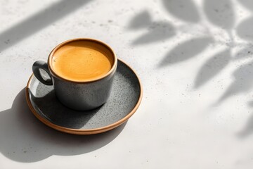 High-resolution photo with ceramic cup of coffee with saucer. Cappuccino. Americano. Flat white. Coffee latte. For editorial or commercial use. Coffee cup background. Cafe advertising. Espresso