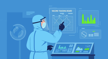 Scientist Tracking Vaccine Data On A Digital Display Board Interface