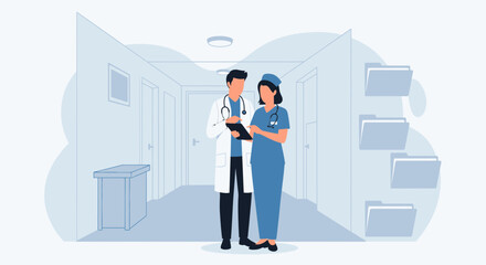Medical Professional Discussion In A Hospital Corridor In Blue And White Design