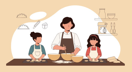 Family Baking Time Together Mother And Two Daughters Enjoying Cooking At Home