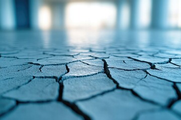 Obraz premium Cracked earth texture, a drought-stricken ground in a light blue tone, with an blurred background of an interior hall.