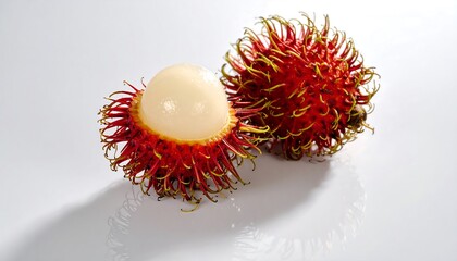 Rambutan Fruits Displayed with One Cut Open on White
