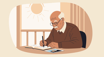 Senior Man Writes In Journal By Window Sunlight Remembering Past Memories