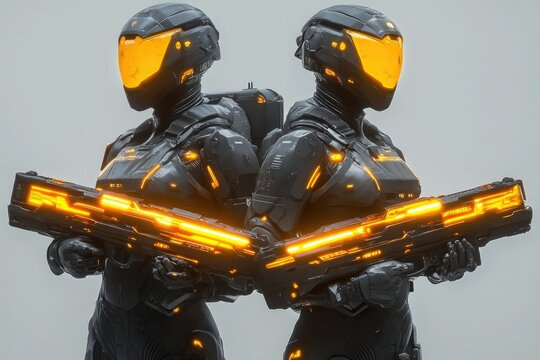 Two futuristic soldiers in dark armor and glowing visors stand back-to-back, holding illuminated rifles, ready for action in a sci-fi battle.