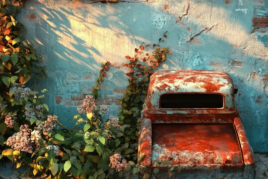 Fototapeta A rusty vintage car, half-hidden by lush greenery, rests against a textured wall in soft, dappled sunlight.