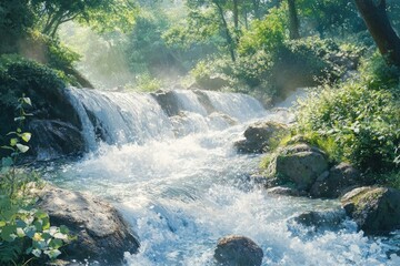A serene waterfall cascades through a lush, green forest, creating a refreshing and picturesque natural scene with sun rays.