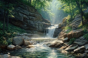 A serene waterfall cascades through a lush forest, sunlight streaming through the trees, creating a picturesque landscape.