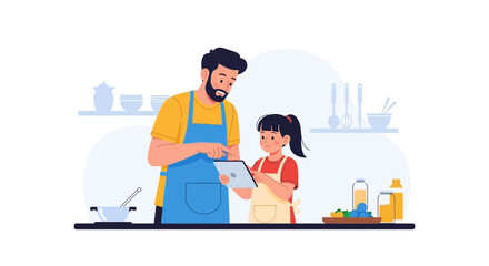 Fototapeta premium Father And Daughter Preparing Food Together Using Tablet Technology In The Kitchen