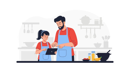 Father And Daughter Preparing Meal Together Using Digital Tablet In Kitchen