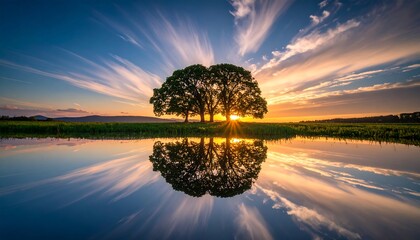 Tree Silhouette Reflecting on Water at Sunset with Colorful Sky
