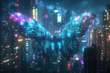 A digital butterfly with circuit patterns flying in a futuristic cityscape, illuminated with bright neon lights.