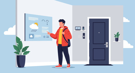 Fototapeta premium Smart Home Man Checking Weather Forecast On Interactive Digital Display Near Door