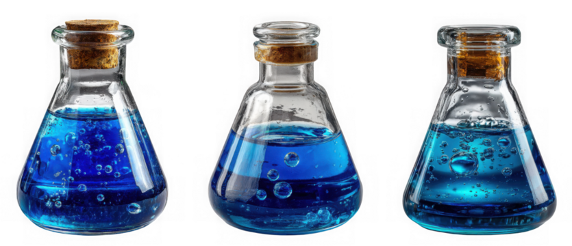 Three identical small glass bottles with corks, each filled with a vibrant blue liquid and tiny bubbles, arranged in a row isolated on transparent background