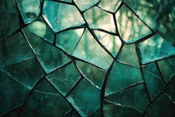 A shattered teal glass surface creates a mesmerizing mosaic, with reflections adding depth and intrigue to the fractured pattern.