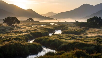 River Flowing Through Grassy Marshland at Sunrise with Distant Mountains