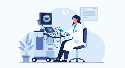Fototapeta premium Female Doctor Performing Medical Ultrasound Examination With Modern Equipment In Hospital