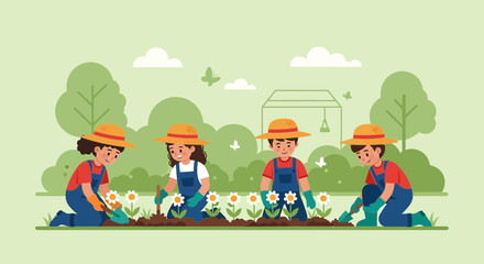 Cheerful Children Gardening Together in an Enchanting Outdoor Setting Flat Design