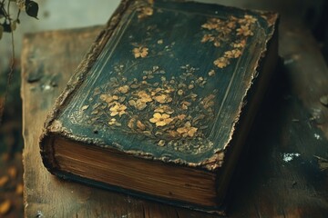 Obraz premium An old, weathered book with blue floral designs, sits atop a wooden surface, exuding a sense of antique charm.
