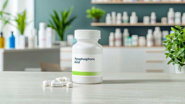 White container of pyrophosphoric acid in a modern pharmacy setting, surrounded by greenery and blurred products.