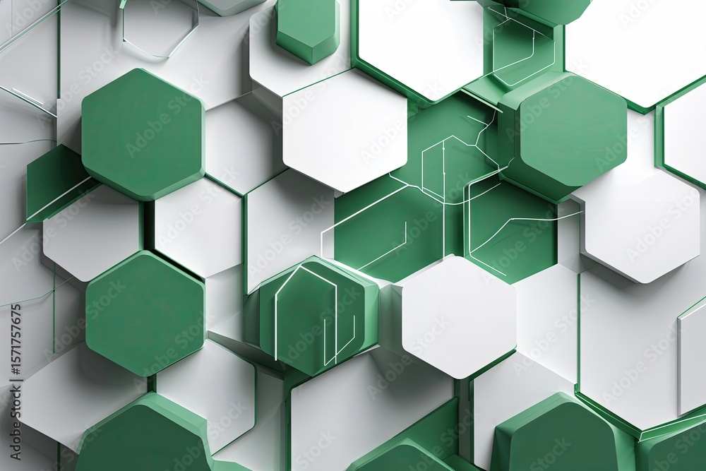 Poster sleek white and green dynamic hexagonal background with minimalist line art for innovative tech pres