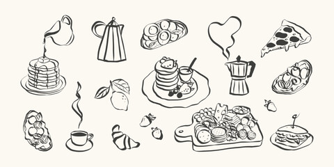 Whimsical chalk doodles of food and charcuterie. Quirky icons of breakfast and dinner meals in crayon style. Crayon drawing for menus and invitations. La dolce vita italian vector illustration
