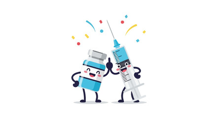 Fototapeta premium Cheerful Vaccine And Syringe Celebrate Victory Over Disease With Confetti