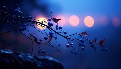 Berries on Branch at Twilight with Bokeh Light Background