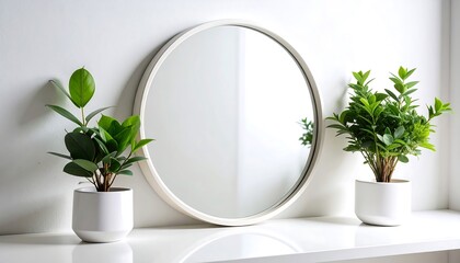 Arrangement with Round Mirror and Potted Green Plants on White Shelf