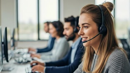 A smiling customer service agent is wearing a headset while working at a call center - Powered by Adobe