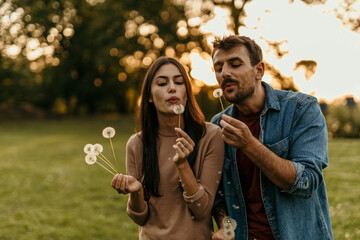 Young couple blowing dandelion seeds at sunset in a park