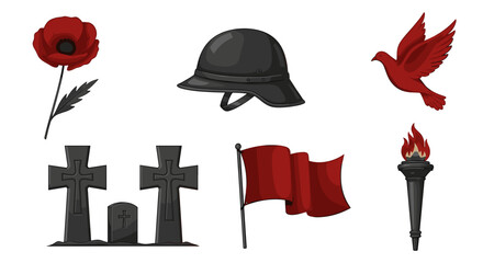 Remembrance day symbols poppy helmet dove crosses flag and torch art