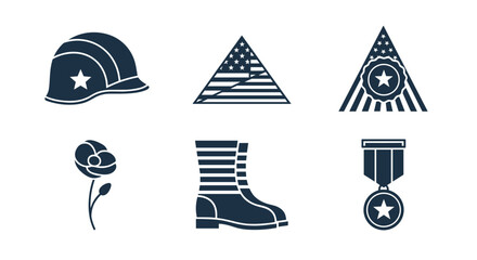Memorial day clip art icons set with helmet flag poppy boot and medal