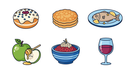 Collection of rosh hashanah traditional food and drink illustrations