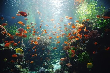 Naklejka premium An underwater paradise with schools of vibrant orange fish swimming among coral reefs and lush green aquatic plants, bathed in sunlight.