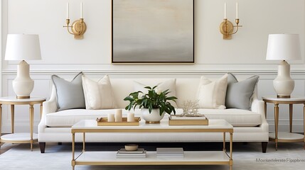 Fototapeta premium Chic ivory bedroom with wall-to-wall cream marble, vintage gold sconces, and low-profile platform bed in pale gray,