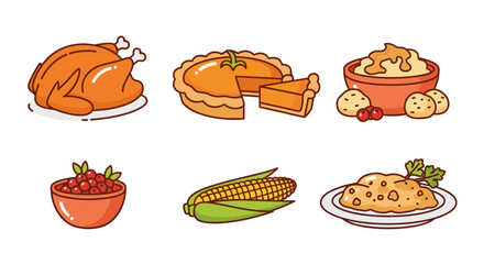 Illustration of thanksgiving dinner with turkey pie and side dishes
