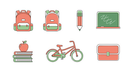 Back to school supplies vector illustration with backpack and bicycle