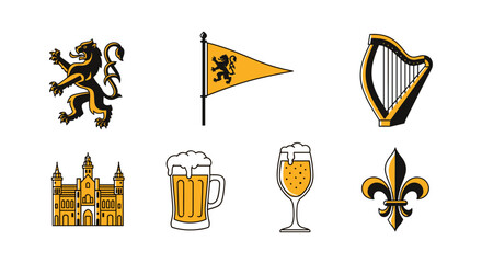 Belgium culture symbols beer flag lion harp castle fleur de lis design