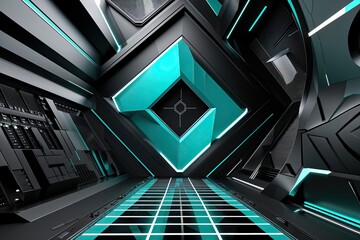 Obraz premium Futuristic Black and Turquoise Abstract Layout Featuring Innovative Technology and Geometric Design