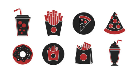 Vector graphic of fast food icons including pizza fries and drinks