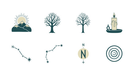 Mountain sun trees constellation candle compass target nature elements
