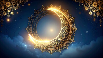 Golden Crescent Moon Frame with Floral Ornament and Dark Sky