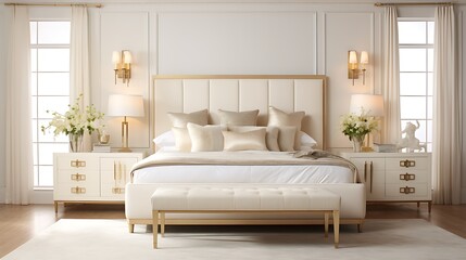 Chic ivory bedroom with wall-to-wall cream marble, vintage gold sconces, and low-profile platform bed in pale gray,