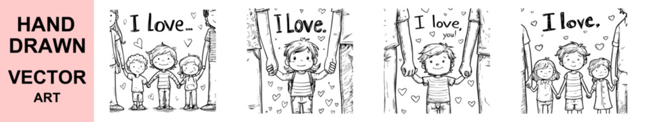 Cute hand drawn family love children holding hands parents affection vector sketch doodle hearts adorable line art parenting concept black white clipart