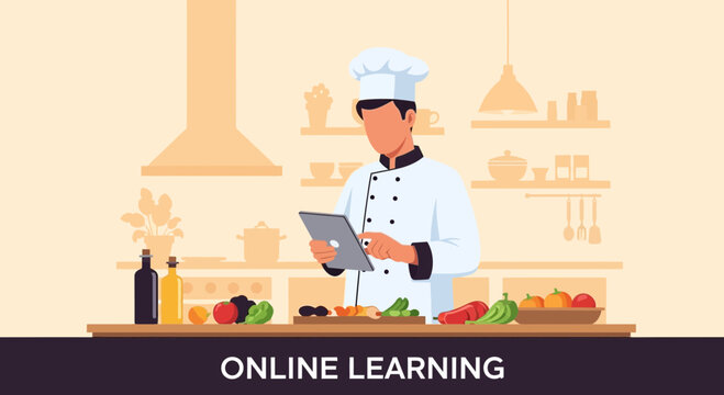 Chef Using Tablet In Kitchen For Online Recipe And Virtual Culinary Learning