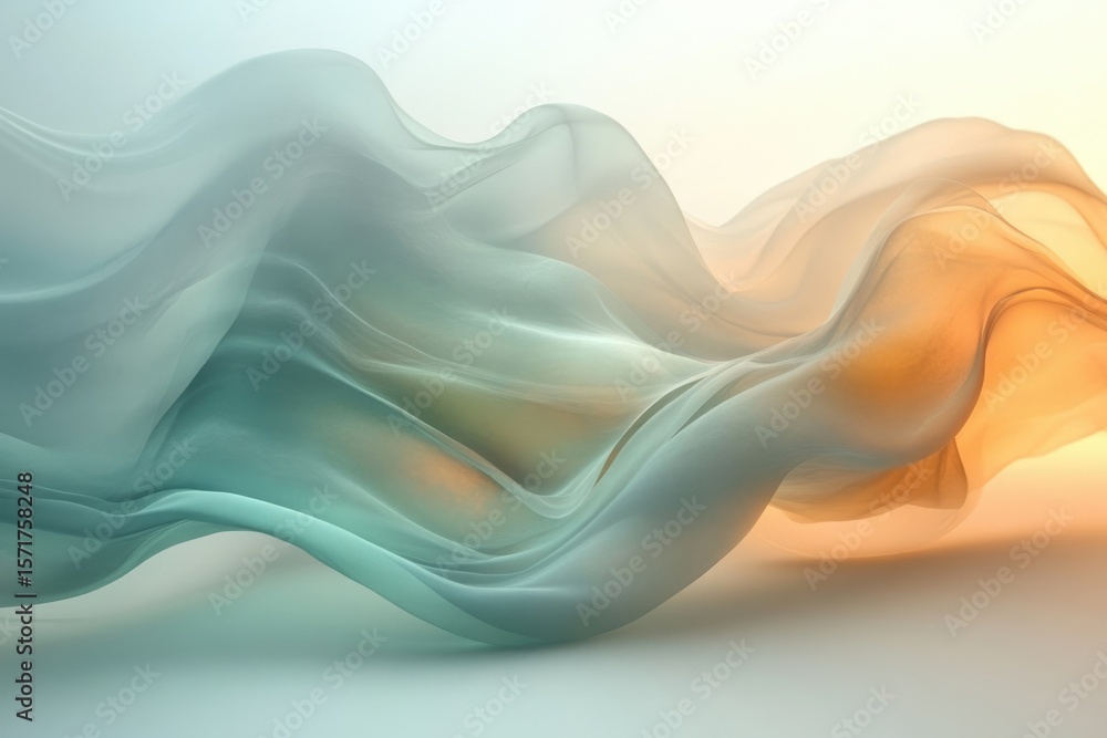 Poster abstract flowing fabric in teal and gold, softly draped with ethereal grace and subtle translucent w