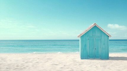 Idyllic beach scene with blue wooden hut by the sea on a sunny day. Bright summer banner with space for text