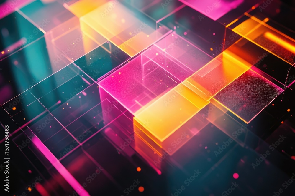 Poster abstract geometric background with layered translucent blocks in pink, yellow, and blue, resembling 